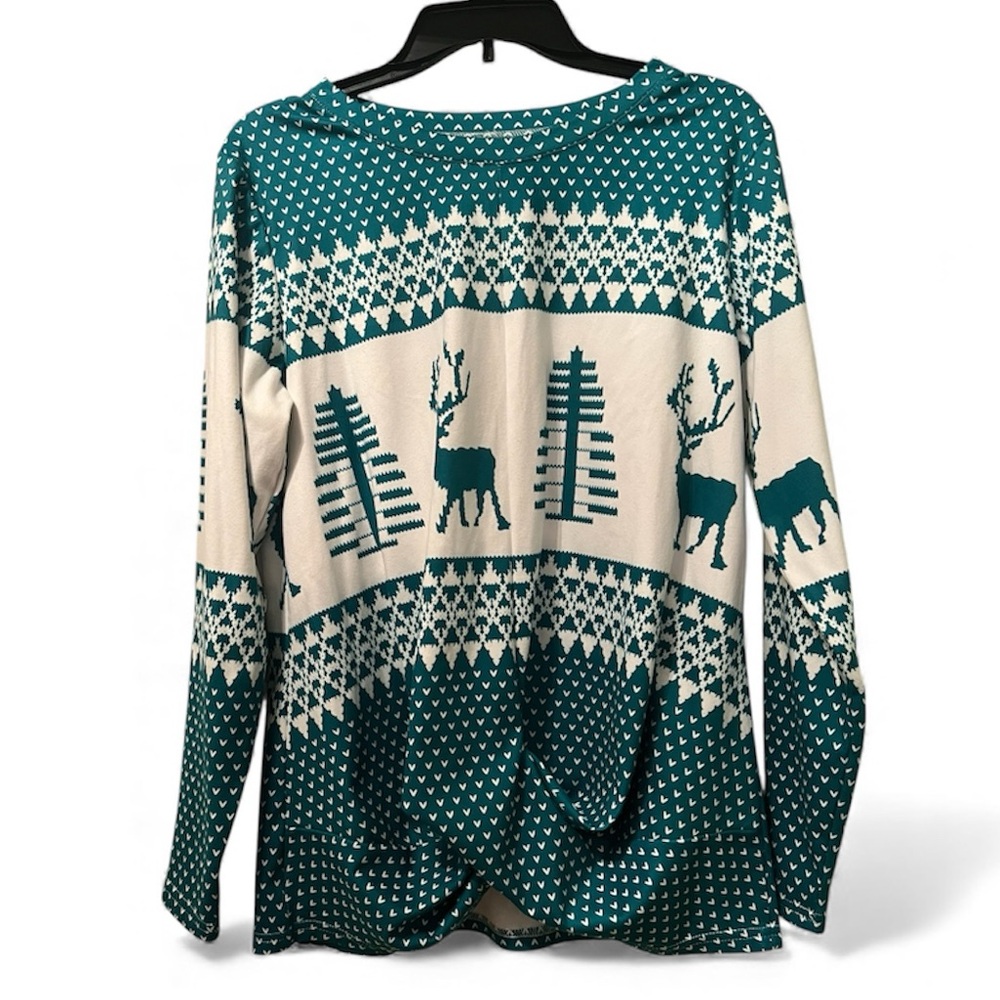 Like New Green Holiday Sweater Top With Knot At The Waist- Cute & Flattering - Picture 2 of 7